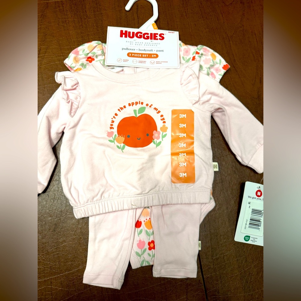 Huggies “apple of my eye” Pink Baby pullover, bodysuit and pant Outfit set
